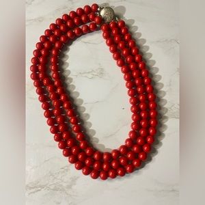 Vintage 3 layer Red Beaded Necklace with vintage clasp